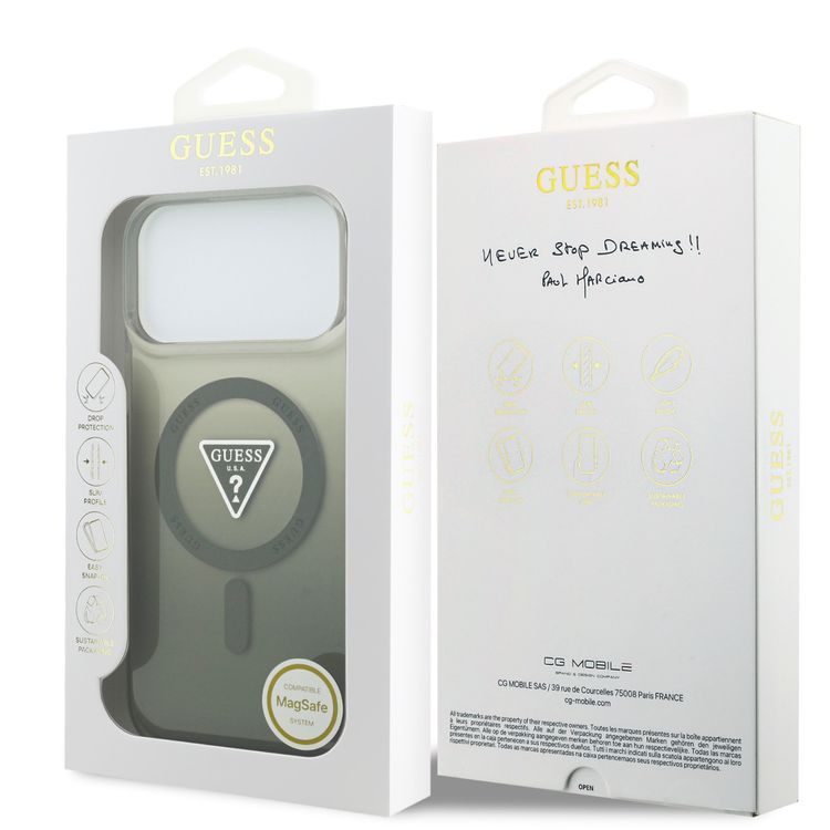 احزر غطاء MagSafe IML بتدرج لوني مع شعار مثلث مطبوع لهاتف iPhone 17 Pro Max، بملف نحيف، وحماية من السقوط، وتصميم خفيف الوزن، وقبضة مريحة، وتغليف مستدام، وسهولة التركيب - شفاف / كاكي.