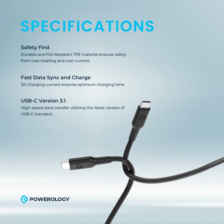 Powerology Type-C to Type-C Connector Cable PD 100W, Fast Data Sync & Charging, Universal Compatibility, 1.2m in Length, Overheat & Overcurrent Protection - Black