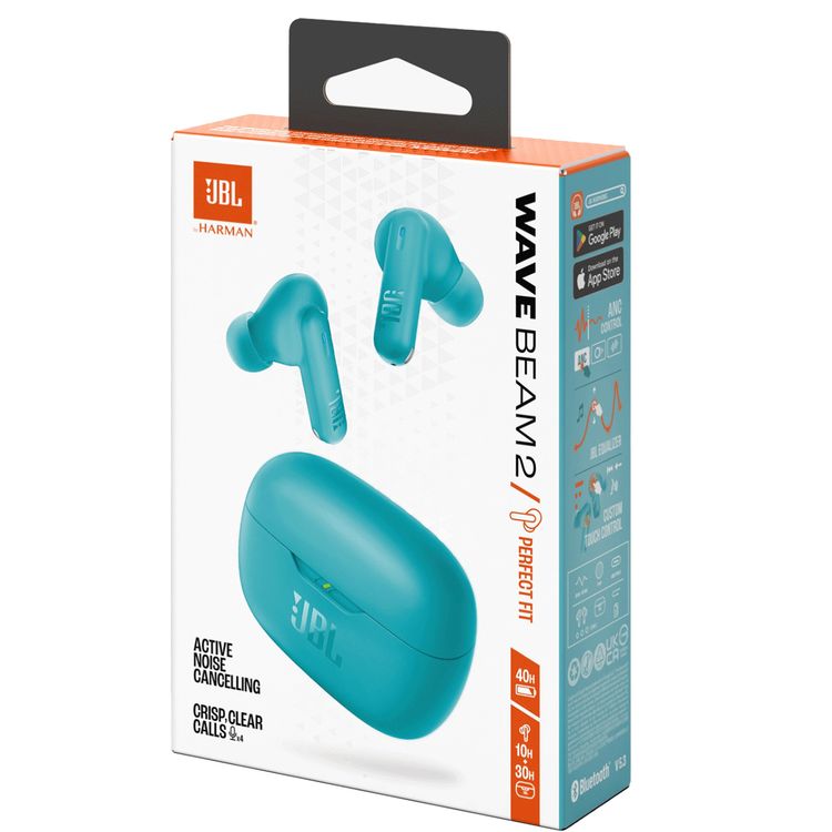 JBL Wave Beam2 True Wireless Earbuds with ANC & Smart Ambient, Water & Dust Resistant, Seamless Bluetooth Pairing, Speed Charging, 40 Hours Battery Life, 4 Microphones, JBL Pure Bass Sound - Blue