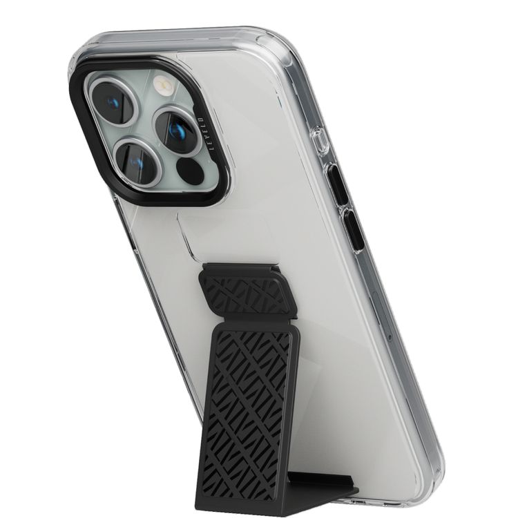 Levelo Morphix Clara Grip Case for iPhone 15 Pro Max, Premium Leather Kickstand Grip, Shock-Proof Edges, 3H Anti-Scratch, Reinforced Corners with Airguard, Multi Positioning Modes for Ultimate Protection and Convenience - Black