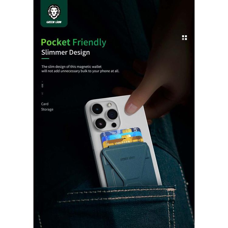 محفظة مغناطيسية 3 في 1 من Green Lion مصنوعة من ألياف النايلون والألومنيوم، وفتحة بطاقة واحدة، وقبضة قابلة للطي، وMagSafe قوية، ونحيفة للغاية وخفيفة الوزن - أزرق تيتانيوم