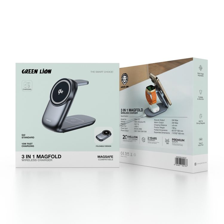 Green Lion 3-in-1 Magfold Wireless Charger with Foldable & Ultra-Slim Design, USB-C Input Port, Up to 15W Phone Output, 5W AirPods Output & 3W Watch Output, Multi-Angle Adjustment, Fast Charge - Gray