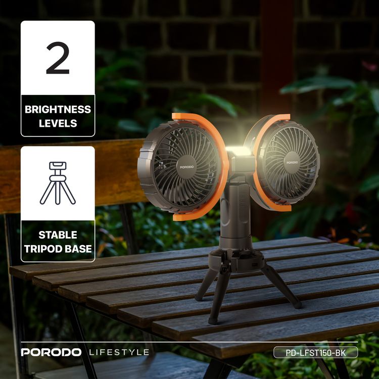 Porodo Lifestyle Dual-Head Oscillating Fan with LED Light, Power Bank, ABS & PP Material, 8000mAh Battery Capacity, Stable Tripod Base, Type-C Charging Port, 4 Levels Fan Speed, Hidden Hook - Black