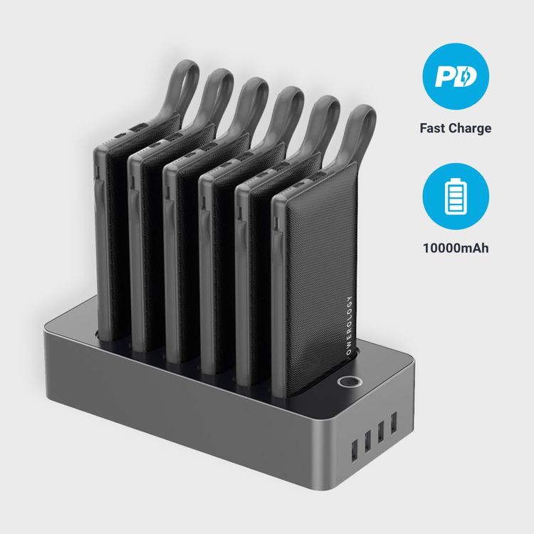 Powerology 6 in 1 Power Bank Station 10000mAh With Built-in Cable, Portable Power Bank, 1 Rapid Recharging Station, Type C Charging Ports - Black