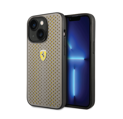Ferrari PU Leather Perforated Case with Nylon Base & Yellow Shield Logo iPhone 14 Compatibility - Yellow