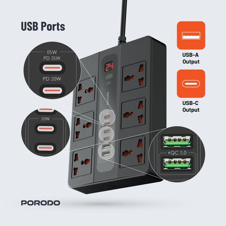 Porodo Multi-Port Super HUB Ultimate Home & Office Kit with 4 USB-C & 2 USB-A, 3m Cable Length, Universal Sockets, Built-in Safeguard, Over-Heat Protection - Black