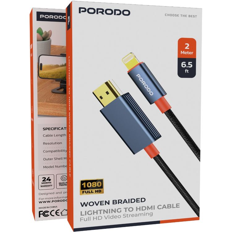 Porodo Aluminum Alloy Woven Cable Lightning to HDMI with 2m Cable Length, 1080P Full HD Resolution, Plug & Play, Tangle Free - Black