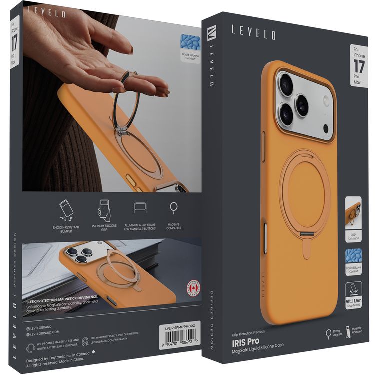 Levelo Iris Pro MagSafe Liquid Silicone Case with Built-in 360° Kickstand for iPhone 17 Pro Max, Metal Accents, Shock-Resistant Bumper, Aluminum Alloy Frame for Camera & Buttons, Drop-Tested, Strong Magnets, Premium Silicone Grip - Orange
