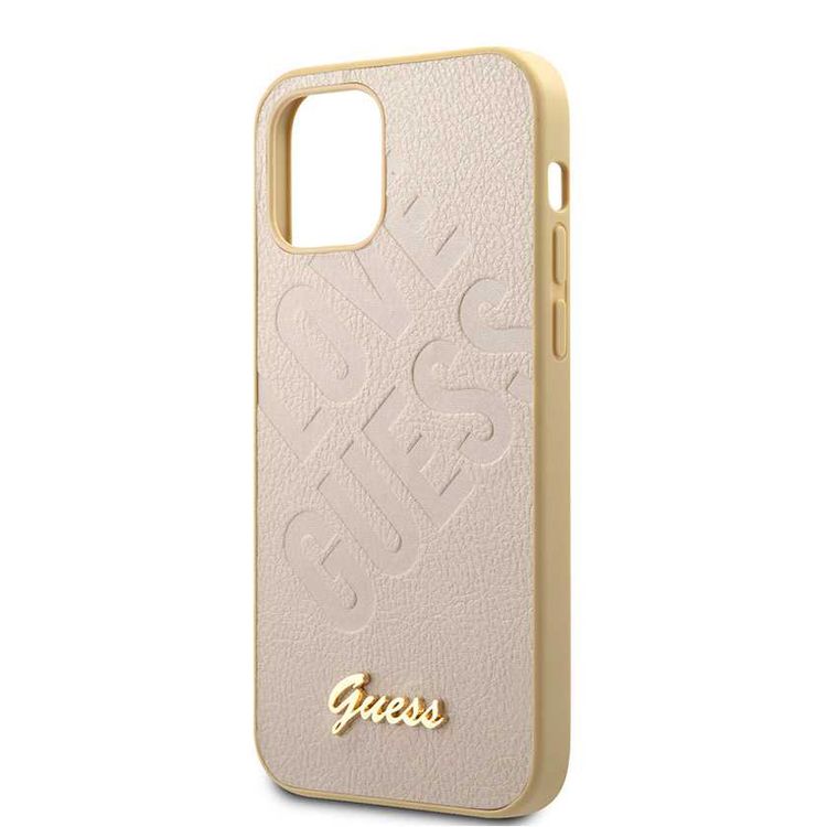 CG Mobile Guess PU Iridescent "LOVE" Debossed Case with Metal Logo for iPhone 12 Pro Max (6.7") Shock & Drop Protection Suitable with Wireless Chargers Officially Licensed Light Gold