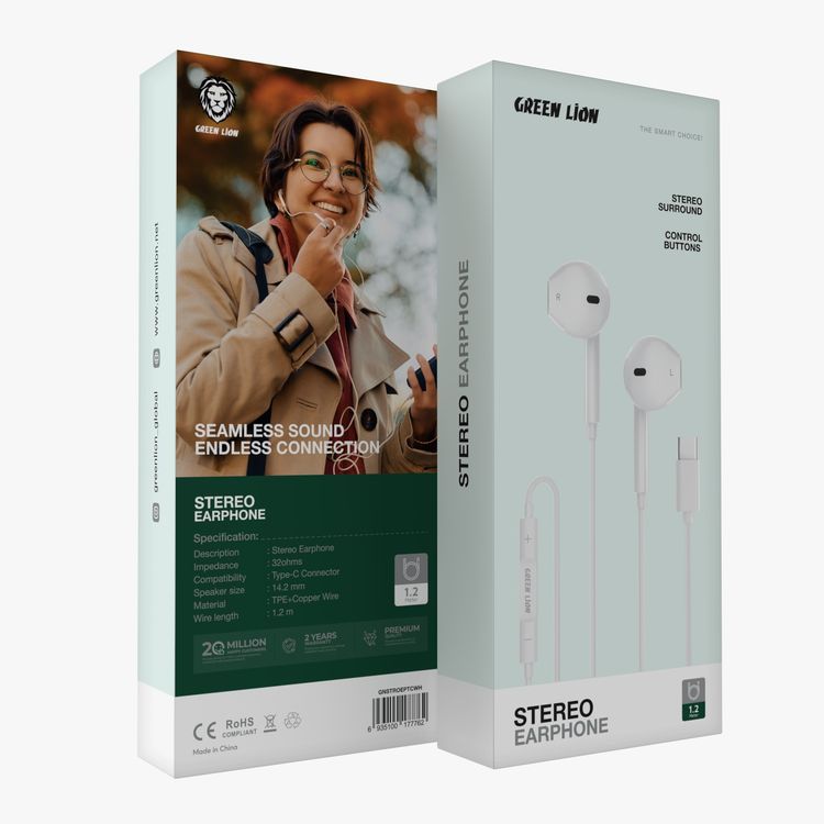 Green Lion Wired Stereo Earphones Type-C Connector, 1.2m Cable Length, Durable Material, 14.2mm Speaker Size - White