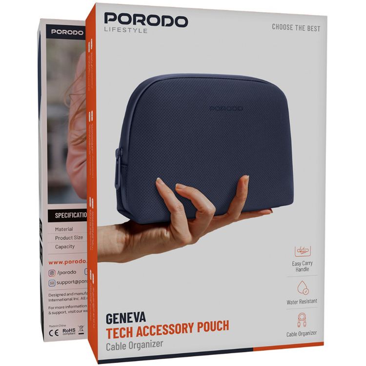 Porodo Geneva Tech Accessory Pouch with Easy-to-Carry Handle, 1L Capacity, PU Material, Zipper Closure, Water Resistant, Spacious Compartment, Cable Organizer - Blue