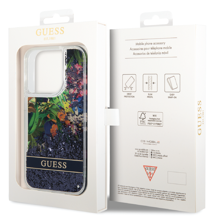 Guess Liquid Glitter Case with Flower Pattern Extra Shine Smooth Touch Feel iPhone 14 Pro Compatibility - Blue