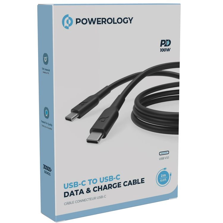 Powerology Type-C to Type-C PD Cable, Fast Data Sync & Charging, Fire Resistant TPE Material, Super Durable, 2m in Length, Overheat & Overcurrent Protection - Black
