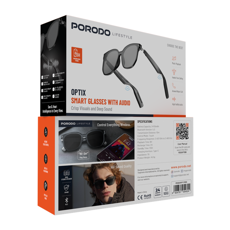 Porodo Lifestyle Optix Smart Glasses with Audio, Built-in Microphone, 6 Hours Playtime, Type-C Charging Interface, UV400 Protection, Bluetooth Version 5.3, 10m Transmission Range, 2x 110mAh Battery Capacity, Touch Control, Dual Stereo Speakers, Hi-Fi Sound Quality - Black
