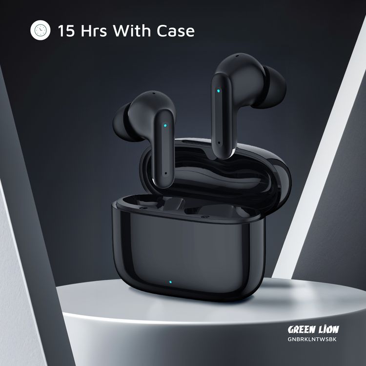 Green Lion Brooklyn True Wireless Earbuds with Voice Assistant, 4 Hours Playtime, Built-in Microphone, HiFi Sound, Touch Control, Dual-Mic - Black