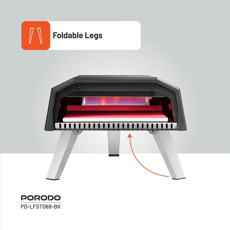 Porodo Lifestyle 12" Pizza Outdoor Oven with Foldable Legs, 60s Cooking Time, 500° C Rapid Heating, Butane & Propane Compatible, 30-45 Minutes Pre-Heat Time, Piezo Ignition - Black