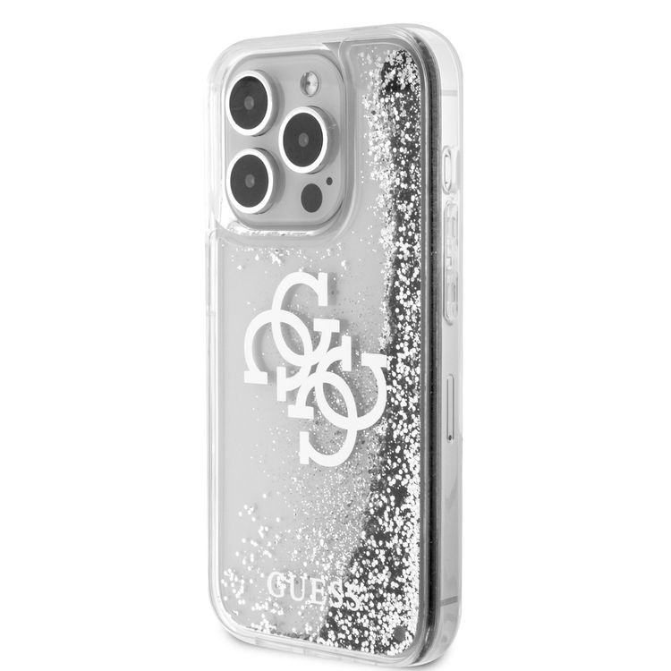 Guess Liquid Glitter Case with 4G Electroplated Logo - Silver - iPhone 15 Pro