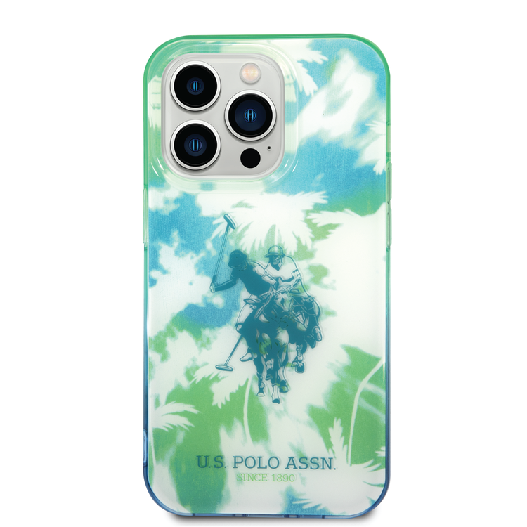كفرUSPA PC/TPU IML مع تصميم النخيل المصبوغة وشعار الحصان لهاتف iPhone 14 Pro Max - أخضر