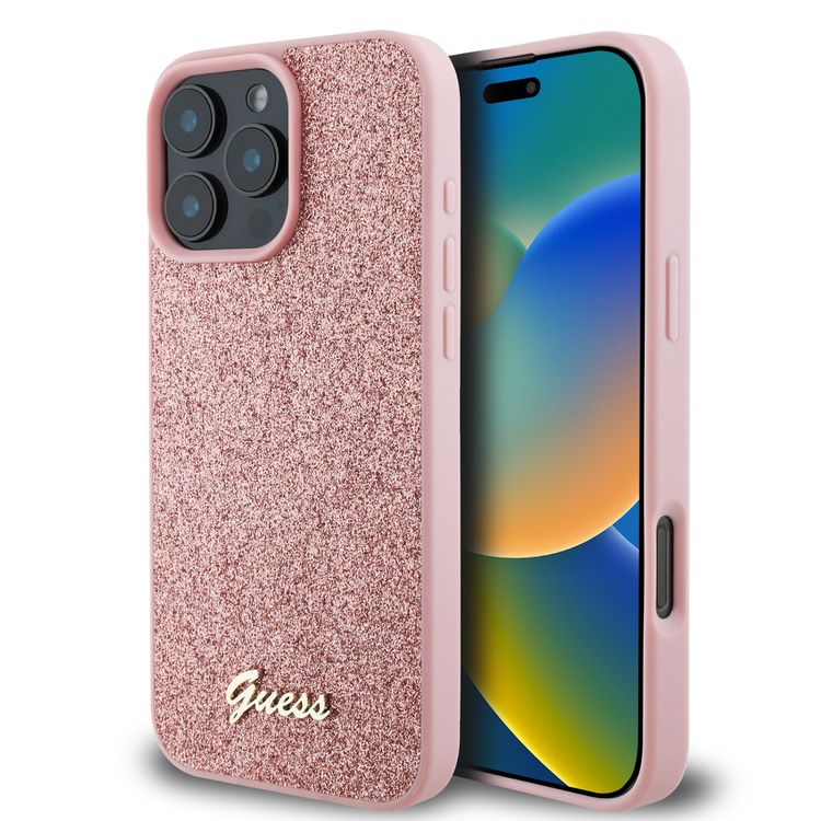 Guess Fixed Glitter Hard Case with Script Metal Logo for iPhone 16 Pro Max, Slim Profile, Drop Protection, Easy Snap-On, High-Quality Material, Extra Shield Protection - Pink