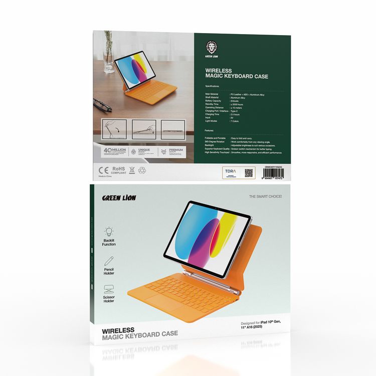 Green Lion Wireless Magic Keyboard Case for iPad 10th Generation, 11" A16 (2025), 500mAh Battery, Backlit Function, USB-C Charging Port, 7-Color Light Modes, Pencil Holder, Adjustable Brightness, Scissor-Switch Keyboard - Orange