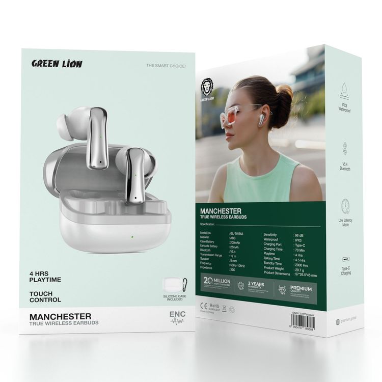 سماعات أذن لاسلكية حقيقية من جرين ليون مانشستر مصنوعة من مادة ABS، بطارية سماعات أذن 25 مللي أمبير/ساعة، بطارية حافظة 200 مللي أمبير/ساعة، إصدار بلوتوث 5.4، نطاق بلوتوث 12 مترًا، وقت استعداد 2000 ساعة، منفذ شحن من النوع C، وقت شحن 70 دقيقة، مقاومة للماء IPX3، تحكم باللمس - أبيض