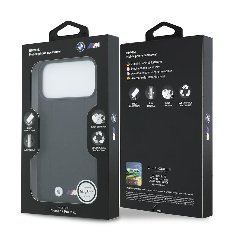 BMW MagSafe PU Quilted Leather Case with Metal Logos for iPhone 17 Pro Max, Slim Profile, Easy Snap-On Design, Sustainable Packaging, Drop Protection - Black