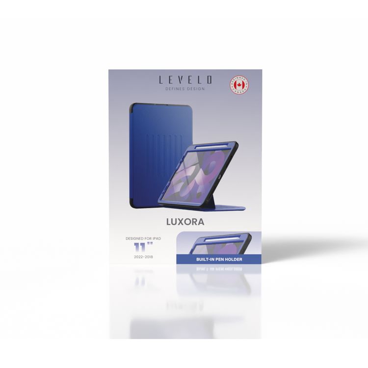 Levelo Luxora Case for iPad 11" (2018 - 2022), Adjustable Multi-Angle Viewing, Premium PU Leather Finish, Shockproof, Anti-Fingerprint, Built-in Pen Holder & Built-in 2 Card Slots, Magnetic Flap Closure - Blue