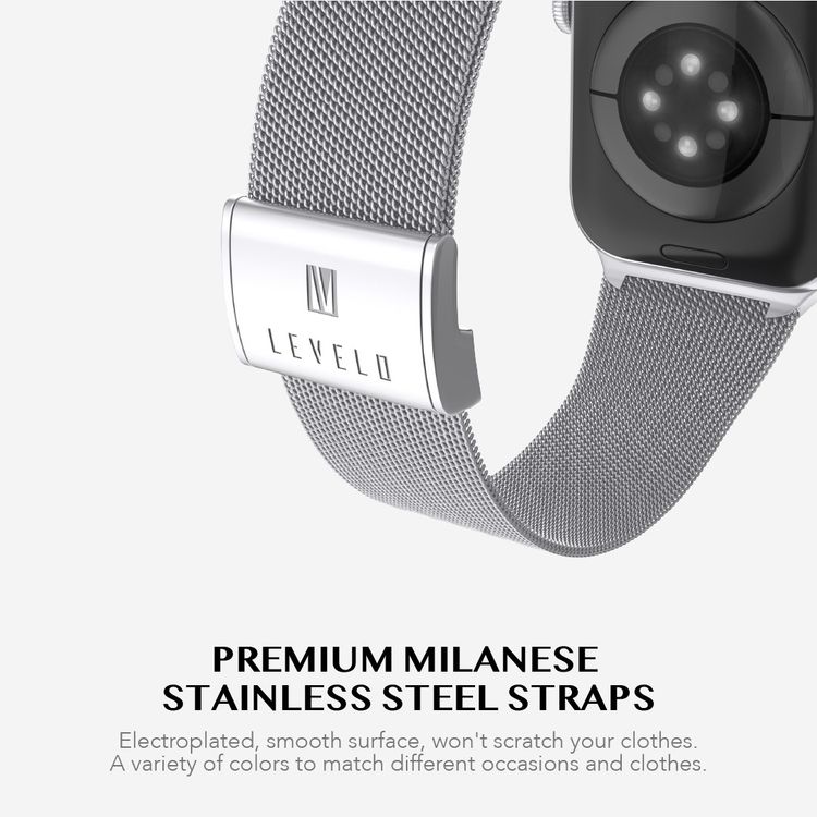 Levelo Double Milanese Watch Strap for Apple Watch 38/40/41mm, Stainless Steel Material, Double-lock Folding Buckle, Adjustable Strap, Easy Installation - Silver
