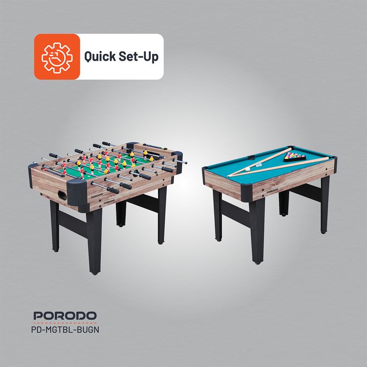 Porodo Lifestyle Multi-Game Table with Foosball Table, Billiard Table, Hockey Table & Table Tennis, Easy Transition, Quick Set-up, Full Package Accessories - Brown