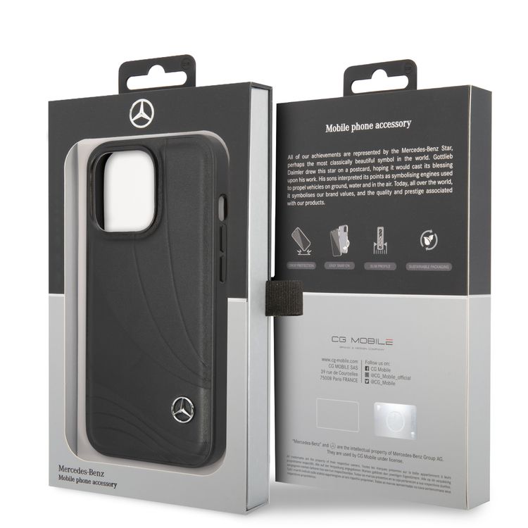 CG MOBILE Mercedes-Benz Genuine Leather Case With New WaveIII Pattern, Compatible w/ 14 Pro Max (6.7") Scratch & Drop Protection, Wireless Charger Compatibility - Black