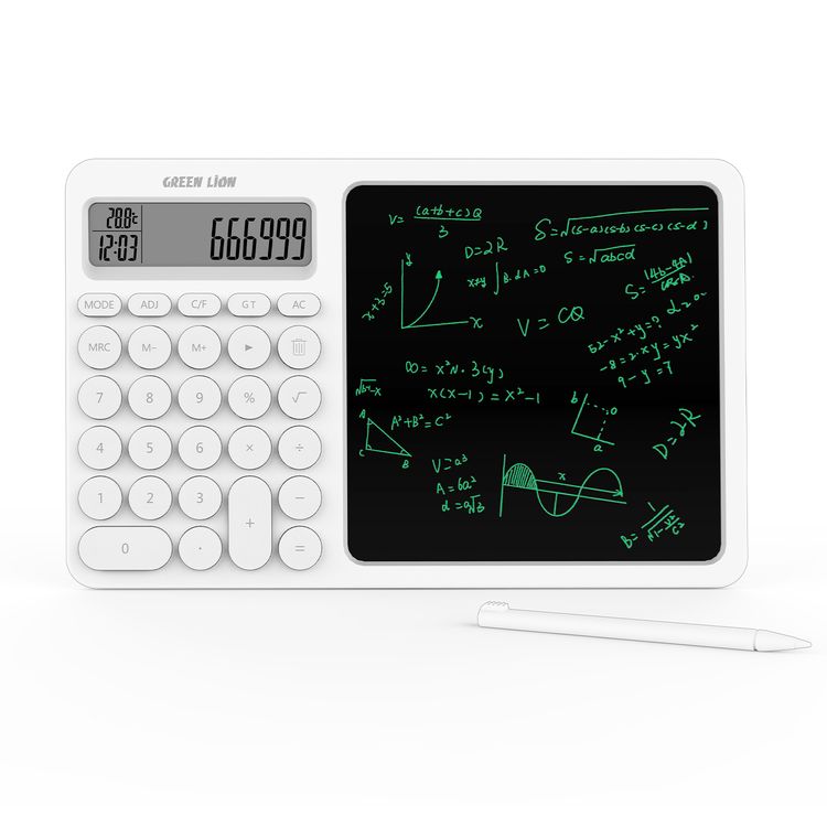 Green Lion CalcWrite Pro Calculator Writing Pad Combo with Ultra-Bright Screen, Long Standby Time, Highly Sensitive, CR2032/3V Coin Battery Powered - White
