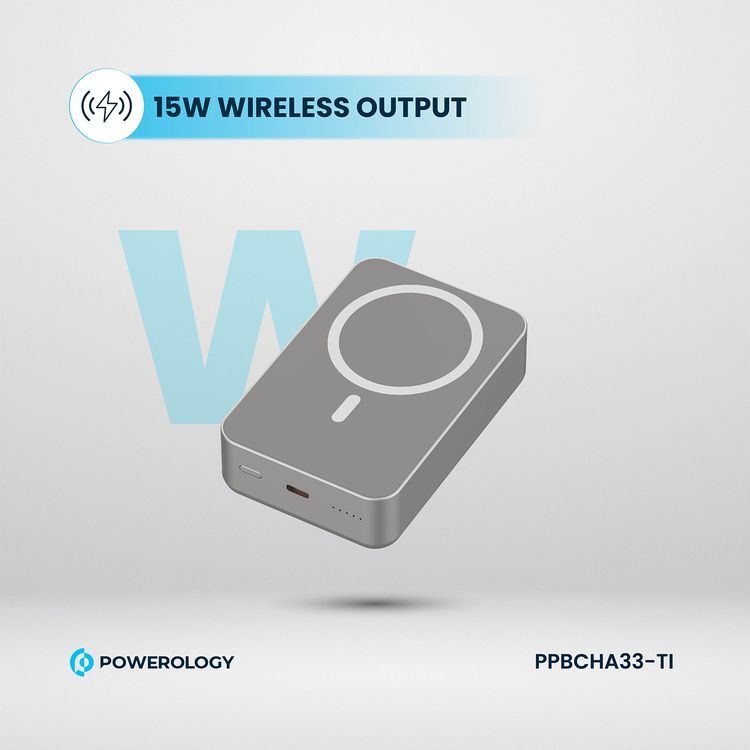 بنك الطاقة Powerology MagSafe من الألومنيوم بقدرة 20000 مللي أمبير في الساعة مع مؤشر لمستوى البطارية، تصميم خفيف الوزن وصغير الحجم، شحن سريع ومتزامن، مدخل ومخرج من النوع C، مخرج لاسلكي 15 وات - تيتانيوم