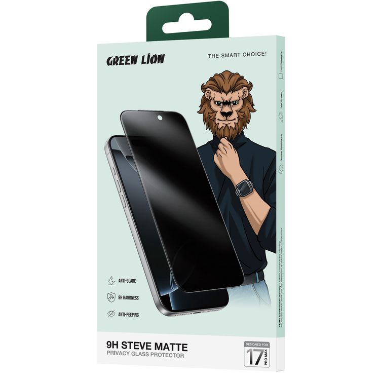 Green Lion 9H Steve Matte Privacy Glass for iPhone 17 Pro Max, Anti-Peeping Dull, Anti-Scratch, Anti-Fingerprint, Grease Resistance, Air Bubble Prevention, Highly Responsive - Black