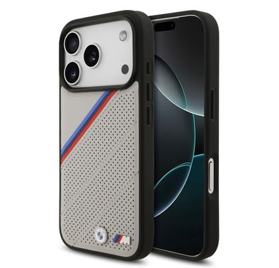 BMW MagSafe PU Leather Case with Metal Logos & Tricolor Slanted Stripes for iPhone 17 Pro, Drop Protection, Sustainable Packaging, Easy Snap-On Design, Slim Profile - Gray