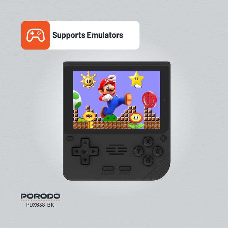 وحدة تحكم ألعاب Porodo Gaming Retro Arcade، محاكي ثلاثي الأبعاد، تصميم مريح، تشغيل صوتي غامر، شاشة IPS مقاس 3.5 بوصة، عمر بطارية 6 ساعات، بطارية 3000 مللي أمبير في الساعة - أسود