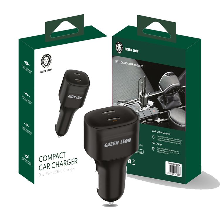Green Lion Dual Port USB-C Car Charger with 45W Multi-Device Charging, Overcurrent & Short Circuit Protection, Overvoltage Protection, Fast Charging - Black