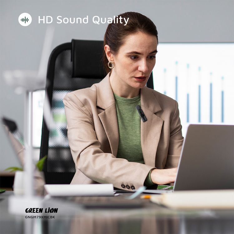 ميكروفون Green Lion GM-79X بمزايا إلغاء الضوضاء بثلاث مستويات، ووقت عمل يصل إلى 5 ساعات، وتأخير أقل من 30 مللي ثانية، ميكروفون واحد، موصلات Type-C وAUX وLightning - اللون الأسود.