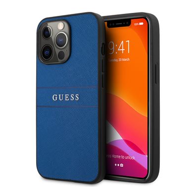 CG MOBILE Guess PU Leather Case Saffiano with Metal Logo Hot Stamp Stripes Compatible for iPhone 13 Pro Max (6.7") Anti-Scratch, Easy Access to All Ports, Shock Absorption & Drop Protective Back Cover Suitable with Wireless Charging Officially Licensed