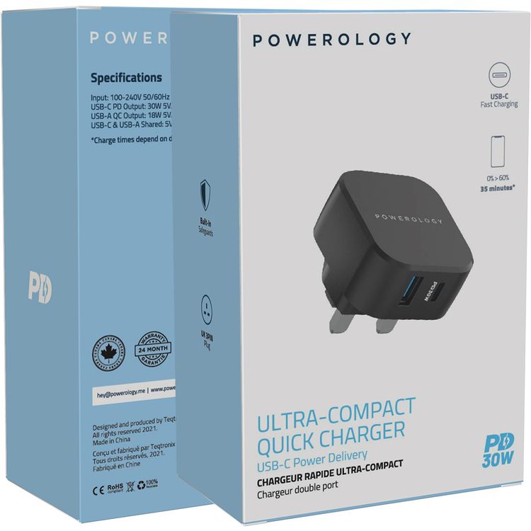 Powerology Ultra-Compact Quick Charger with 30W Power Delivery, UK 3-Pin Plug, 0%-60% Charge in 35 Minutes, Built-in Safeguards, 18W QC Output - Black