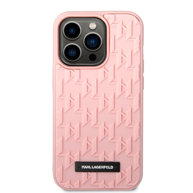 Karl Lagerfeld Case with 3D Rubber Monogram Pattern & Metal Plate Logo iPhone 14 Pro Max Compatibility - Pink