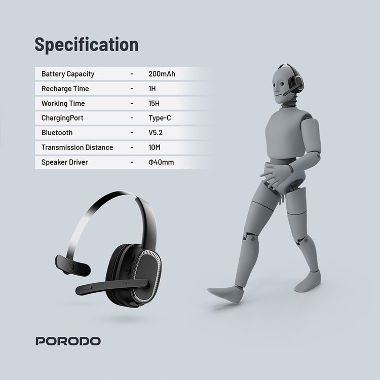 Porodo ENC Wireless Work Headphone with Noise Cancelling Microphone, Bluetooth V5.2, 15 Hours Working Time, 1 Hour Recharging Time, 200mAh Battery, Adjustable Headband - Black