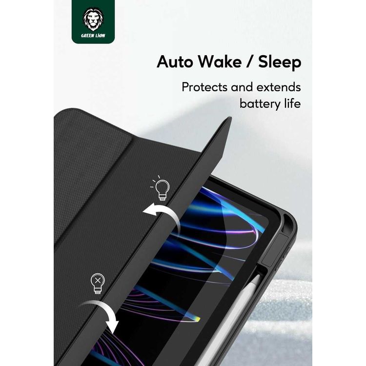 Green Lion Hogo Premium Case with Pencil Holder for iPad 10.2", Stable Trifold Stand, Full Body Drop Protection, Soft TPU Easy Install & Remove, Effective Shockproof - Black