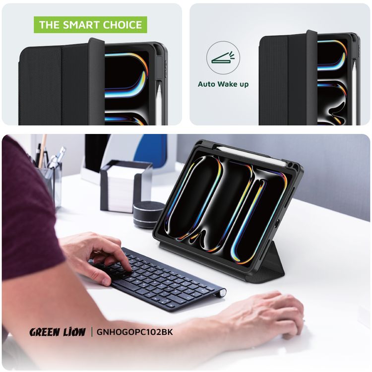 Green Lion Hogo Premium Case with Pencil Holder for iPad 10.2", Stable Trifold Stand, Full Body Drop Protection, Soft TPU Easy Install & Remove, Effective Shockproof - Black