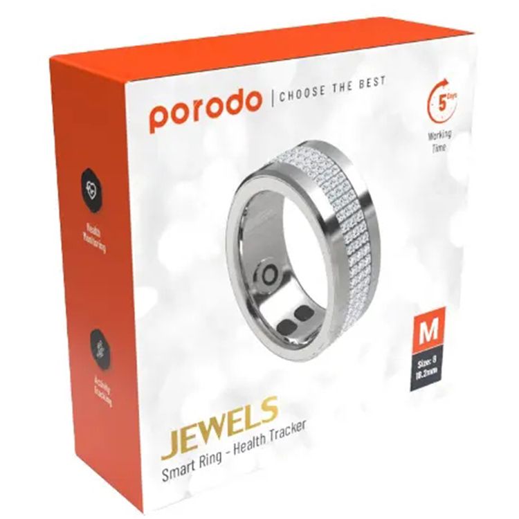 Porodo Jewels Smart Ring with Up to 5 Days Working Time, Size 18.2mm, 16mAh Battery Capacity, Walking, Running & Riding Modes, Calorie Counter & Distance Tracker, 25 Days Standby Time - Silver