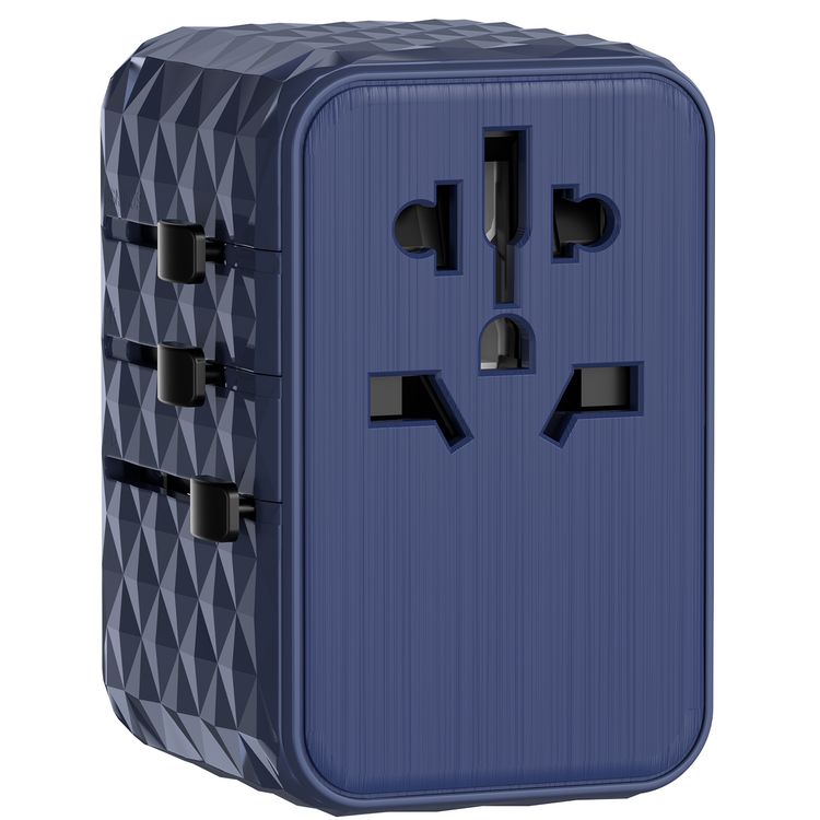 Powerology 65W PD Universal Multi-Port Travel Adapter with Triple USB-C Outputs, Universal Plugs, Combined Output Mode, Lightweight & Portable, Travel Friendly - Blue