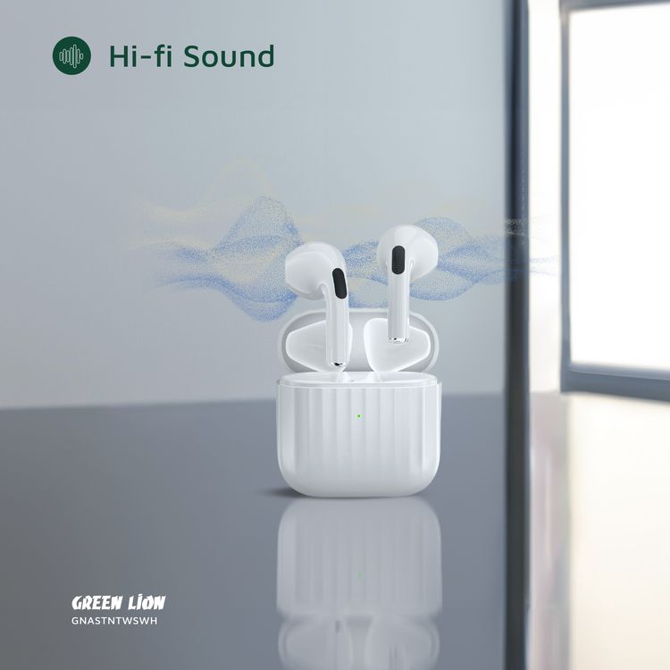Green Lion Austin True Wireless Earbuds with Built-in Microphone, HiFi Sound, Dual-Mic, Touch Control, Voice Assistant, Type-C Charging, 3 Hours Playtime - White