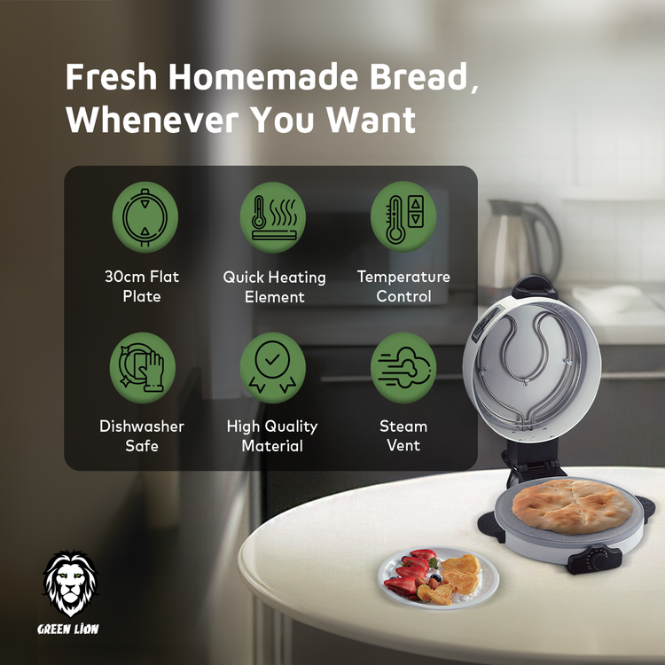 Green Lion Classic Bread Maker with Aluminum Alloy & Stainless Steel Material, 1.5m Power Cord, 100-240°C Temperature Control, Non-Stick Coating Plate, Dishwasher Safe – White