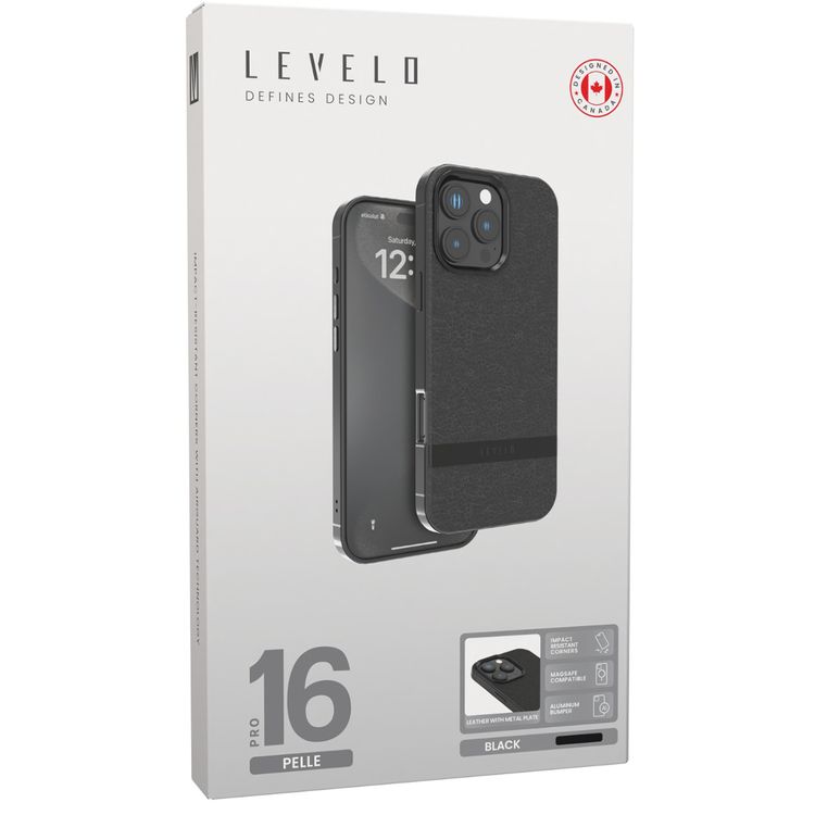 Levelo Pelle Leather Case for iPhone 16 Pro with Aluminum Bumper, Impact Resistant Corners, MagSafe compatibility, Lightweight & Slim Profile - Black