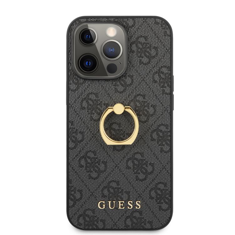CG MOBILE Guess PU Leather 4G Case with 360° Rotating Ring Grip Holder Stand Compatible for iPhone 13 Pro Max (6.7") Drop Protective Back Cover Officially Licensed - Black