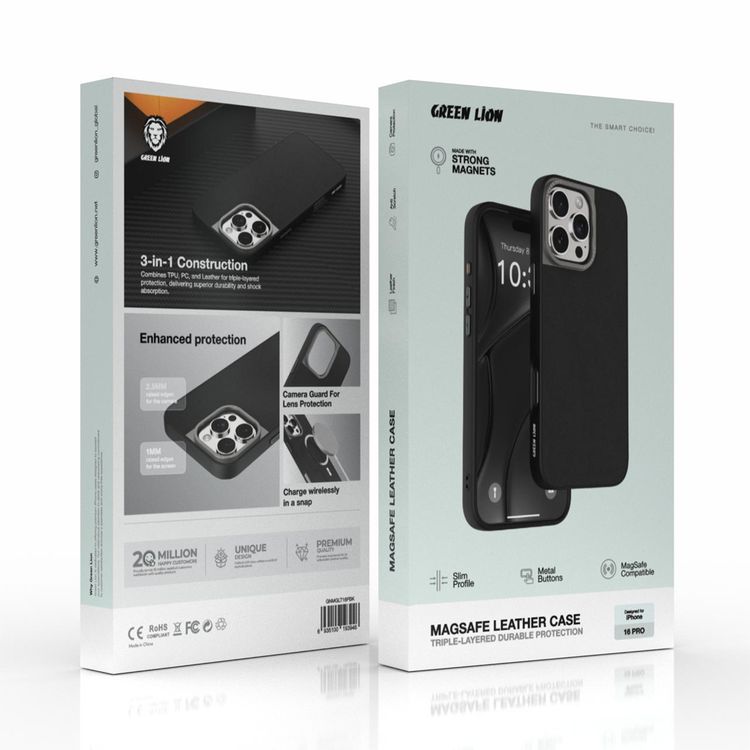 Green Lion MagSafe Leather Case for iPhone 16 Pro, Slim Profile, Metal Buttons, Precision Cutouts, Camera Protection - Black 
